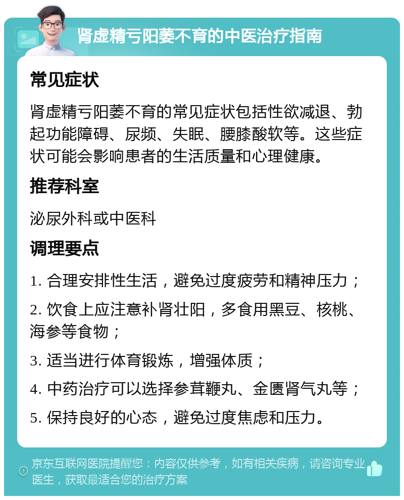 肾虚精亏阳萎不育的中医治疗指南 常见症状 肾虚精亏阳萎不育的常见症状包括性欲减退、勃起功能障碍、尿频、失眠、腰膝酸软等。这些症状可能会影响患者的生活质量和心理健康。 推荐科室 泌尿外科或中医科 调理要点 1. 合理安排性生活，避免过度疲劳和精神压力； 2. 饮食上应注意补肾壮阳，多食用黑豆、核桃、海参等食物； 3. 适当进行体育锻炼，增强体质； 4. 中药治疗可以选择参茸鞭丸、金匮肾气丸等； 5. 保持良好的心态，避免过度焦虑和压力。