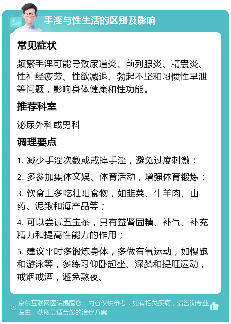 手淫与性生活的区别及影响 常见症状 频繁手淫可能导致尿道炎、前列腺炎、精囊炎、性神经疲劳、性欲减退、勃起不坚和习惯性早泄等问题，影响身体健康和性功能。 推荐科室 泌尿外科或男科 调理要点 1. 减少手淫次数或戒掉手淫，避免过度刺激； 2. 多参加集体文娱、体育活动，增强体育锻炼； 3. 饮食上多吃壮阳食物，如韭菜、牛羊肉、山药、泥鳅和海产品等； 4. 可以尝试五宝茶，具有益肾固精、补气、补充精力和提高性能力的作用； 5. 建议平时多锻炼身体，多做有氧运动，如慢跑和游泳等，多练习仰卧起坐、深蹲和提肛运动，戒烟戒酒，避免熬夜。