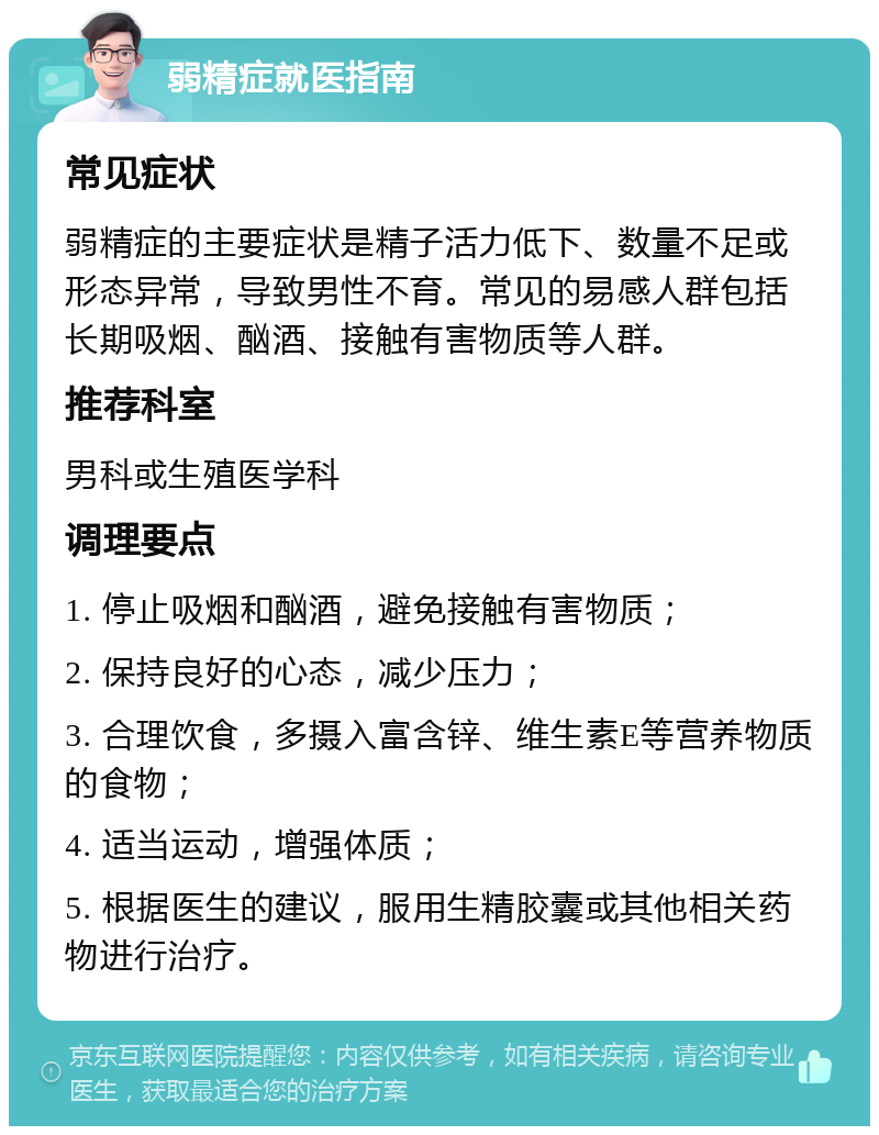 弱精症就医指南 常见症状 弱精症的主要症状是精子活力低下、数量不足或形态异常，导致男性不育。常见的易感人群包括长期吸烟、酗酒、接触有害物质等人群。 推荐科室 男科或生殖医学科 调理要点 1. 停止吸烟和酗酒，避免接触有害物质； 2. 保持良好的心态，减少压力； 3. 合理饮食，多摄入富含锌、维生素E等营养物质的食物； 4. 适当运动，增强体质； 5. 根据医生的建议，服用生精胶囊或其他相关药物进行治疗。