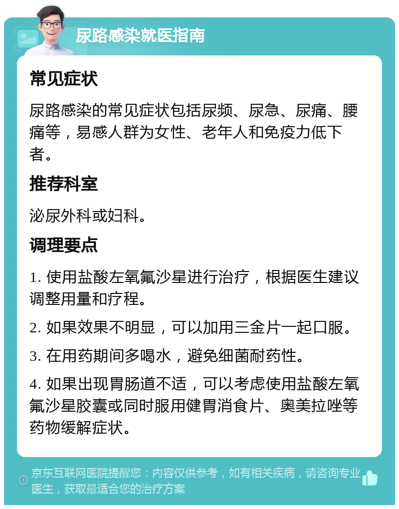 尿路感染就医指南 常见症状 尿路感染的常见症状包括尿频、尿急、尿痛、腰痛等，易感人群为女性、老年人和免疫力低下者。 推荐科室 泌尿外科或妇科。 调理要点 1. 使用盐酸左氧氟沙星进行治疗，根据医生建议调整用量和疗程。 2. 如果效果不明显，可以加用三金片一起口服。 3. 在用药期间多喝水，避免细菌耐药性。 4. 如果出现胃肠道不适，可以考虑使用盐酸左氧氟沙星胶囊或同时服用健胃消食片、奥美拉唑等药物缓解症状。