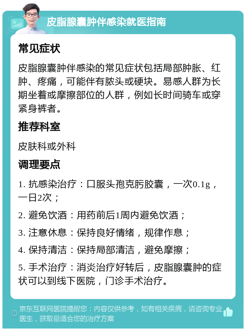 皮脂腺囊肿伴感染就医指南 常见症状 皮脂腺囊肿伴感染的常见症状包括局部肿胀、红肿、疼痛，可能伴有脓头或硬块。易感人群为长期坐着或摩擦部位的人群，例如长时间骑车或穿紧身裤者。 推荐科室 皮肤科或外科 调理要点 1. 抗感染治疗：口服头孢克肟胶囊，一次0.1g，一日2次； 2. 避免饮酒：用药前后1周内避免饮酒； 3. 注意休息：保持良好情绪，规律作息； 4. 保持清洁：保持局部清洁，避免摩擦； 5. 手术治疗：消炎治疗好转后，皮脂腺囊肿的症状可以到线下医院，门诊手术治疗。