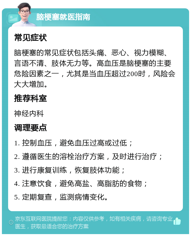 脑梗塞就医指南 常见症状 脑梗塞的常见症状包括头痛、恶心、视力模糊、言语不清、肢体无力等。高血压是脑梗塞的主要危险因素之一，尤其是当血压超过200时，风险会大大增加。 推荐科室 神经内科 调理要点 1. 控制血压，避免血压过高或过低； 2. 遵循医生的溶栓治疗方案，及时进行治疗； 3. 进行康复训练，恢复肢体功能； 4. 注意饮食，避免高盐、高脂肪的食物； 5. 定期复查，监测病情变化。