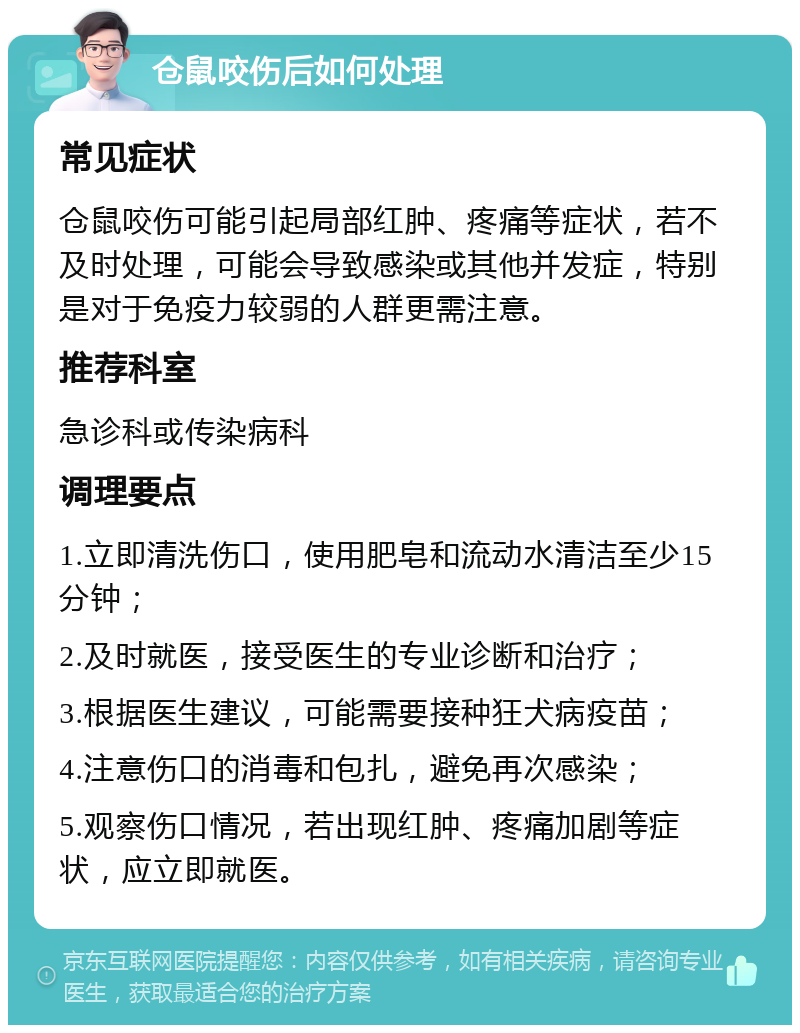 仓鼠咬伤后如何处理 常见症状 仓鼠咬伤可能引起局部红肿、疼痛等症状，若不及时处理，可能会导致感染或其他并发症，特别是对于免疫力较弱的人群更需注意。 推荐科室 急诊科或传染病科 调理要点 1.立即清洗伤口，使用肥皂和流动水清洁至少15分钟； 2.及时就医，接受医生的专业诊断和治疗； 3.根据医生建议，可能需要接种狂犬病疫苗； 4.注意伤口的消毒和包扎，避免再次感染； 5.观察伤口情况，若出现红肿、疼痛加剧等症状，应立即就医。