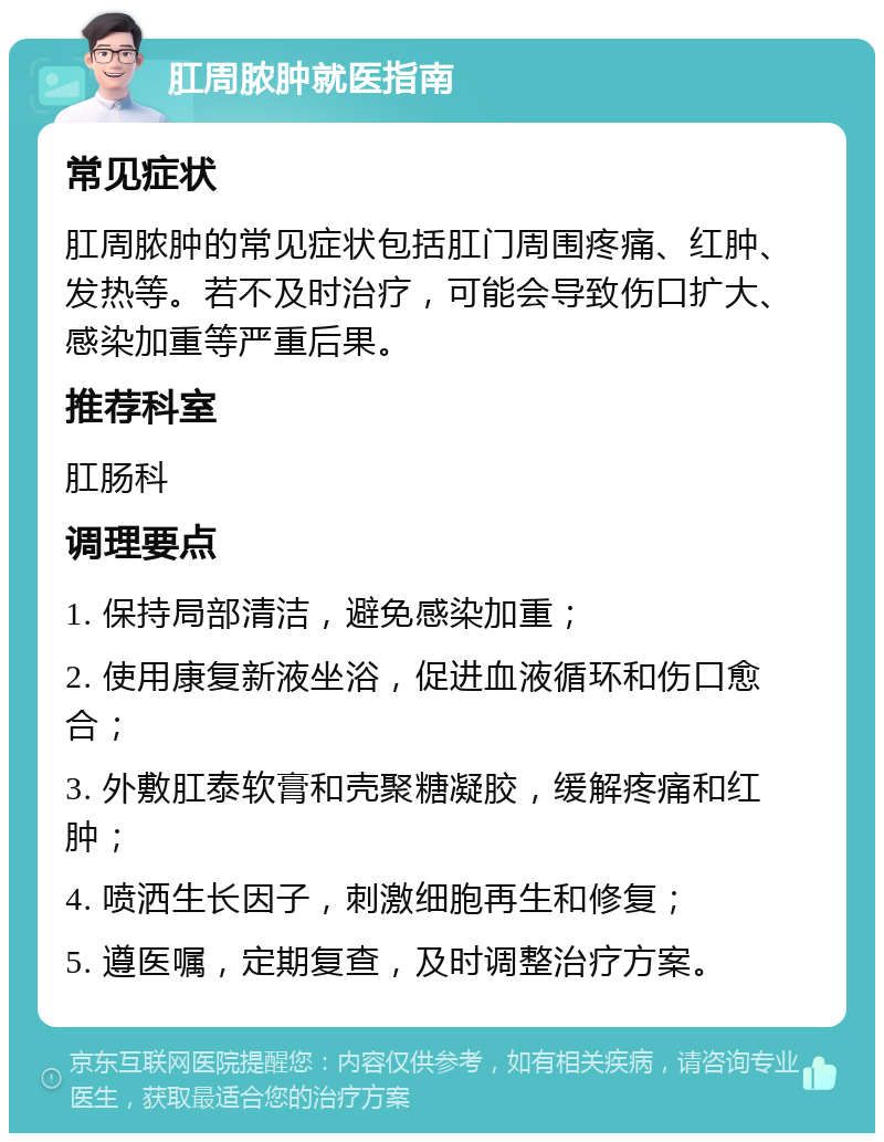 肛周脓肿就医指南 常见症状 肛周脓肿的常见症状包括肛门周围疼痛、红肿、发热等。若不及时治疗，可能会导致伤口扩大、感染加重等严重后果。 推荐科室 肛肠科 调理要点 1. 保持局部清洁，避免感染加重； 2. 使用康复新液坐浴，促进血液循环和伤口愈合； 3. 外敷肛泰软膏和壳聚糖凝胶，缓解疼痛和红肿； 4. 喷洒生长因子，刺激细胞再生和修复； 5. 遵医嘱，定期复查，及时调整治疗方案。