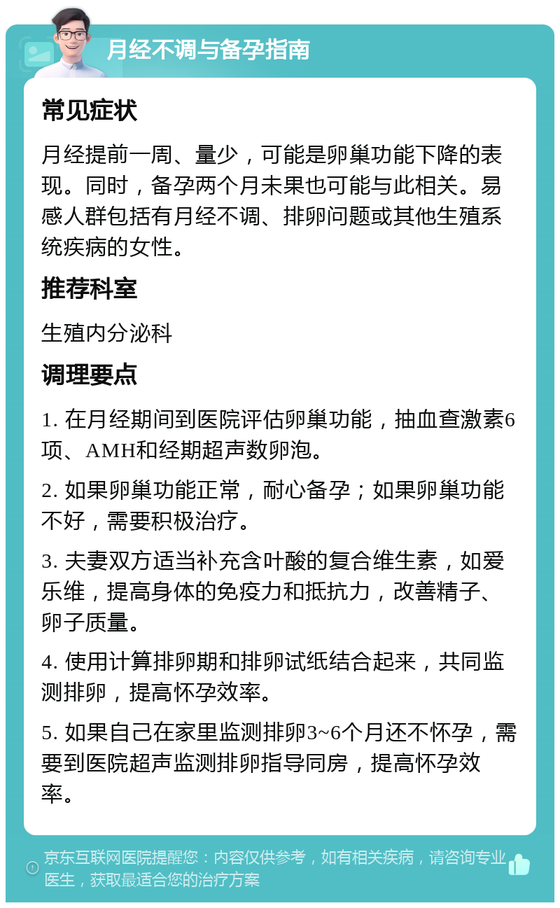 月经不调与备孕指南 常见症状 月经提前一周、量少，可能是卵巢功能下降的表现。同时，备孕两个月未果也可能与此相关。易感人群包括有月经不调、排卵问题或其他生殖系统疾病的女性。 推荐科室 生殖内分泌科 调理要点 1. 在月经期间到医院评估卵巢功能，抽血查激素6项、AMH和经期超声数卵泡。 2. 如果卵巢功能正常，耐心备孕；如果卵巢功能不好，需要积极治疗。 3. 夫妻双方适当补充含叶酸的复合维生素，如爱乐维，提高身体的免疫力和抵抗力，改善精子、卵子质量。 4. 使用计算排卵期和排卵试纸结合起来，共同监测排卵，提高怀孕效率。 5. 如果自己在家里监测排卵3~6个月还不怀孕，需要到医院超声监测排卵指导同房，提高怀孕效率。