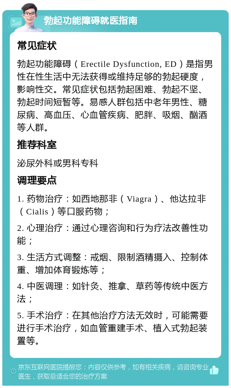 勃起功能障碍就医指南 常见症状 勃起功能障碍（Erectile Dysfunction, ED）是指男性在性生活中无法获得或维持足够的勃起硬度，影响性交。常见症状包括勃起困难、勃起不坚、勃起时间短暂等。易感人群包括中老年男性、糖尿病、高血压、心血管疾病、肥胖、吸烟、酗酒等人群。 推荐科室 泌尿外科或男科专科 调理要点 1. 药物治疗：如西地那非（Viagra）、他达拉非（Cialis）等口服药物； 2. 心理治疗：通过心理咨询和行为疗法改善性功能； 3. 生活方式调整：戒烟、限制酒精摄入、控制体重、增加体育锻炼等； 4. 中医调理：如针灸、推拿、草药等传统中医方法； 5. 手术治疗：在其他治疗方法无效时，可能需要进行手术治疗，如血管重建手术、植入式勃起装置等。