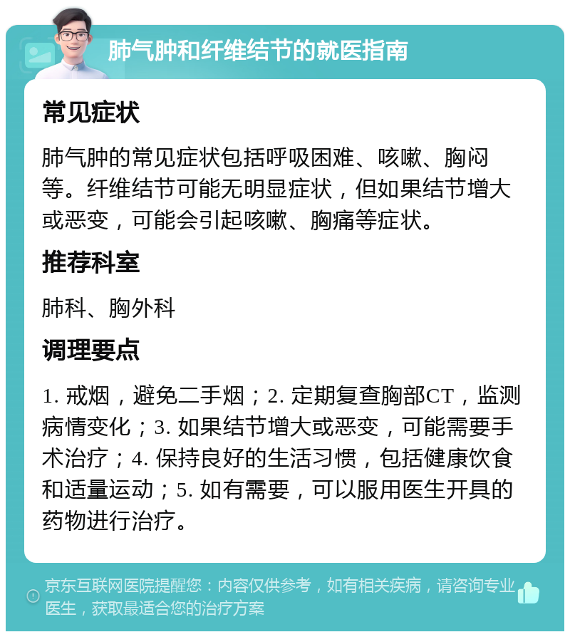 肺气肿和纤维结节的就医指南 常见症状 肺气肿的常见症状包括呼吸困难、咳嗽、胸闷等。纤维结节可能无明显症状，但如果结节增大或恶变，可能会引起咳嗽、胸痛等症状。 推荐科室 肺科、胸外科 调理要点 1. 戒烟，避免二手烟；2. 定期复查胸部CT，监测病情变化；3. 如果结节增大或恶变，可能需要手术治疗；4. 保持良好的生活习惯，包括健康饮食和适量运动；5. 如有需要，可以服用医生开具的药物进行治疗。