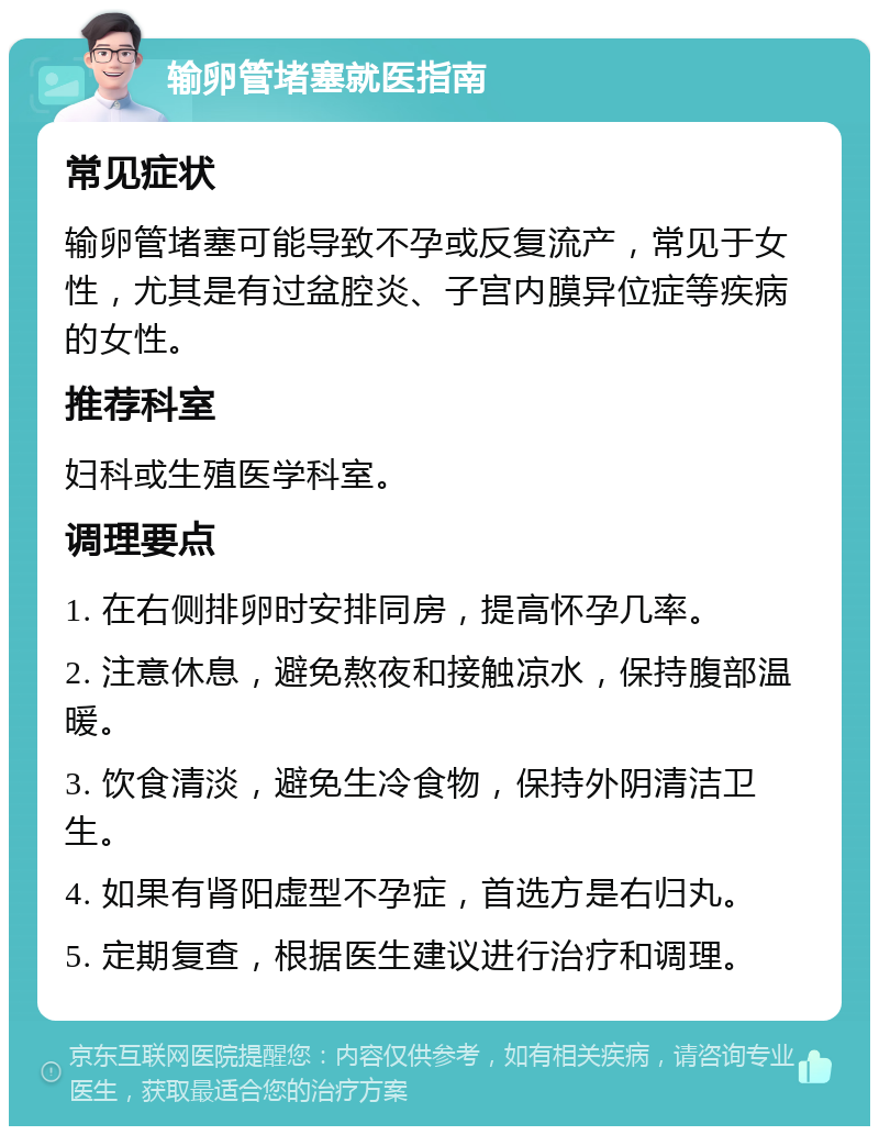 输卵管堵塞就医指南 常见症状 输卵管堵塞可能导致不孕或反复流产，常见于女性，尤其是有过盆腔炎、子宫内膜异位症等疾病的女性。 推荐科室 妇科或生殖医学科室。 调理要点 1. 在右侧排卵时安排同房，提高怀孕几率。 2. 注意休息，避免熬夜和接触凉水，保持腹部温暖。 3. 饮食清淡，避免生冷食物，保持外阴清洁卫生。 4. 如果有肾阳虚型不孕症，首选方是右归丸。 5. 定期复查，根据医生建议进行治疗和调理。