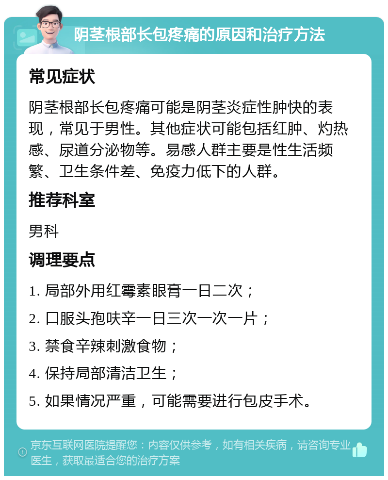 阴茎根部长包疼痛的原因和治疗方法 常见症状 阴茎根部长包疼痛可能是阴茎炎症性肿快的表现，常见于男性。其他症状可能包括红肿、灼热感、尿道分泌物等。易感人群主要是性生活频繁、卫生条件差、免疫力低下的人群。 推荐科室 男科 调理要点 1. 局部外用红霉素眼膏一日二次； 2. 口服头孢呋辛一日三次一次一片； 3. 禁食辛辣刺激食物； 4. 保持局部清洁卫生； 5. 如果情况严重，可能需要进行包皮手术。