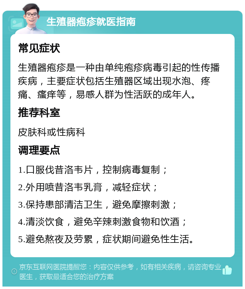 生殖器疱疹就医指南 常见症状 生殖器疱疹是一种由单纯疱疹病毒引起的性传播疾病，主要症状包括生殖器区域出现水泡、疼痛、瘙痒等，易感人群为性活跃的成年人。 推荐科室 皮肤科或性病科 调理要点 1.口服伐昔洛韦片，控制病毒复制； 2.外用喷昔洛韦乳膏，减轻症状； 3.保持患部清洁卫生，避免摩擦刺激； 4.清淡饮食，避免辛辣刺激食物和饮酒； 5.避免熬夜及劳累，症状期间避免性生活。