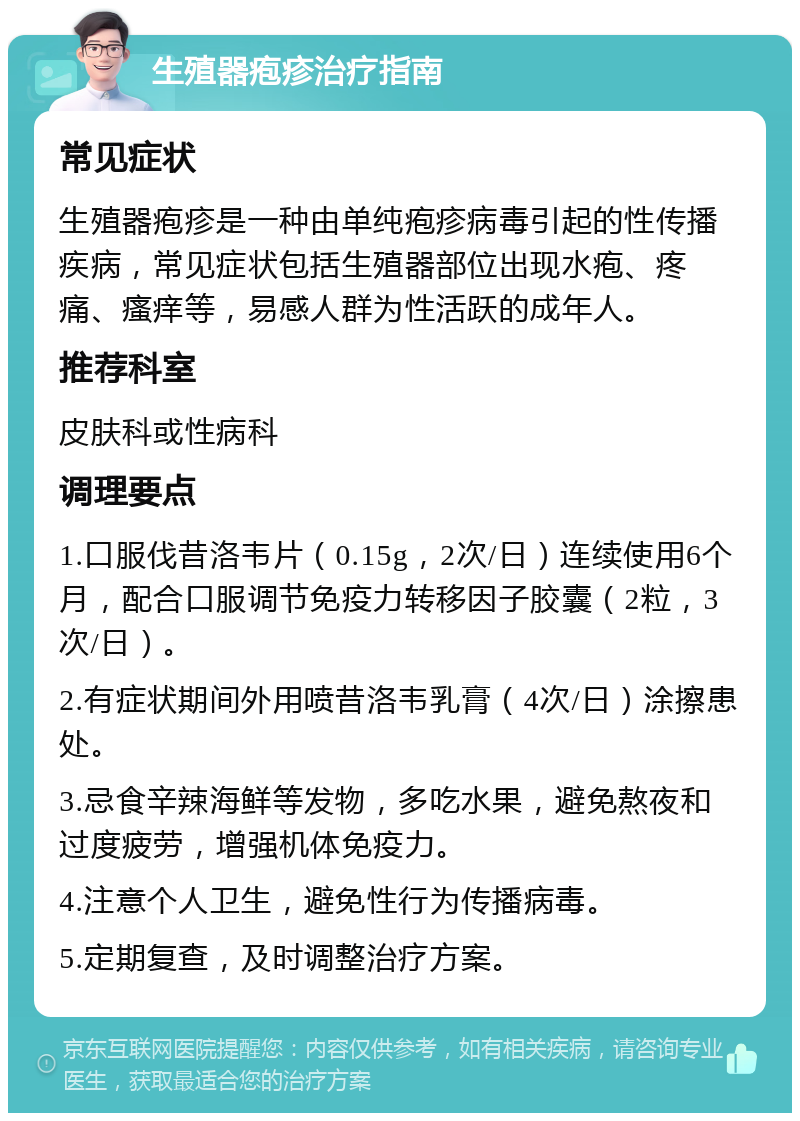 生殖器疱疹治疗指南 常见症状 生殖器疱疹是一种由单纯疱疹病毒引起的性传播疾病，常见症状包括生殖器部位出现水疱、疼痛、瘙痒等，易感人群为性活跃的成年人。 推荐科室 皮肤科或性病科 调理要点 1.口服伐昔洛韦片（0.15g，2次/日）连续使用6个月，配合口服调节免疫力转移因子胶囊（2粒，3次/日）。 2.有症状期间外用喷昔洛韦乳膏（4次/日）涂擦患处。 3.忌食辛辣海鲜等发物，多吃水果，避免熬夜和过度疲劳，增强机体免疫力。 4.注意个人卫生，避免性行为传播病毒。 5.定期复查，及时调整治疗方案。