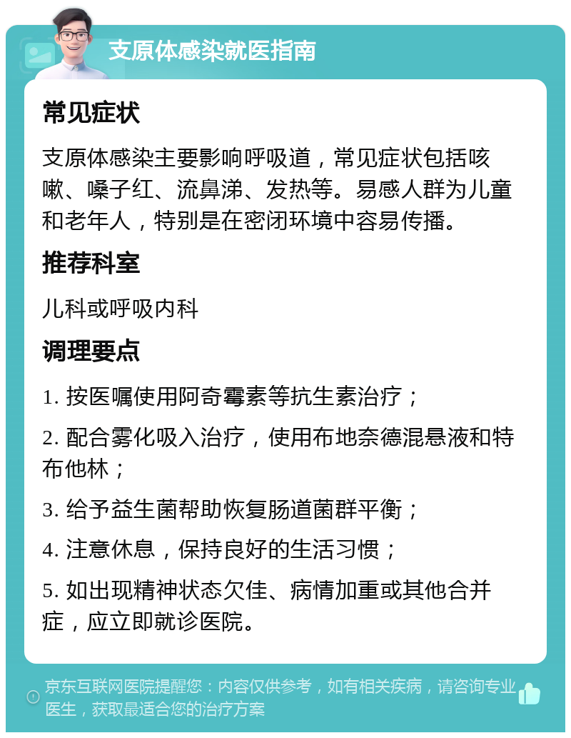 支原体感染就医指南 常见症状 支原体感染主要影响呼吸道，常见症状包括咳嗽、嗓子红、流鼻涕、发热等。易感人群为儿童和老年人，特别是在密闭环境中容易传播。 推荐科室 儿科或呼吸内科 调理要点 1. 按医嘱使用阿奇霉素等抗生素治疗； 2. 配合雾化吸入治疗，使用布地奈德混悬液和特布他林； 3. 给予益生菌帮助恢复肠道菌群平衡； 4. 注意休息，保持良好的生活习惯； 5. 如出现精神状态欠佳、病情加重或其他合并症，应立即就诊医院。