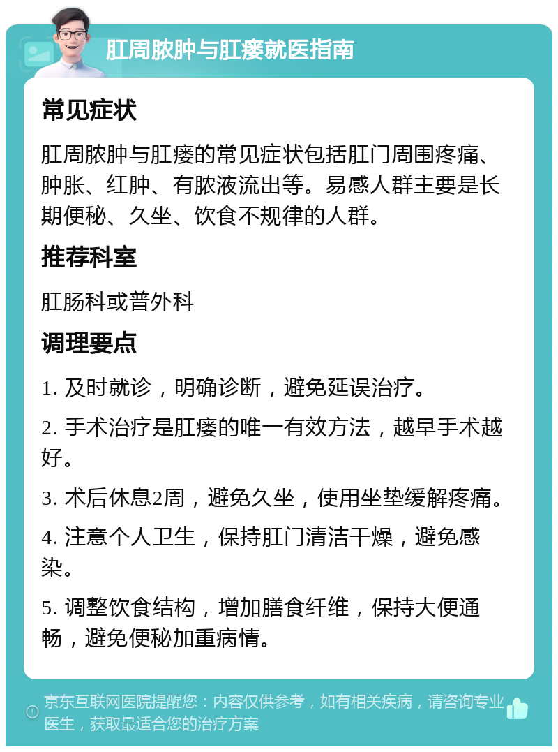 肛周脓肿与肛瘘就医指南 常见症状 肛周脓肿与肛瘘的常见症状包括肛门周围疼痛、肿胀、红肿、有脓液流出等。易感人群主要是长期便秘、久坐、饮食不规律的人群。 推荐科室 肛肠科或普外科 调理要点 1. 及时就诊，明确诊断，避免延误治疗。 2. 手术治疗是肛瘘的唯一有效方法，越早手术越好。 3. 术后休息2周，避免久坐，使用坐垫缓解疼痛。 4. 注意个人卫生，保持肛门清洁干燥，避免感染。 5. 调整饮食结构，增加膳食纤维，保持大便通畅，避免便秘加重病情。