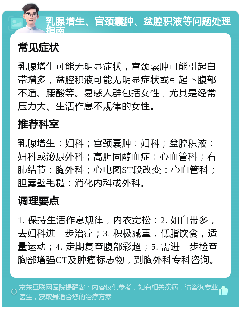 乳腺增生、宫颈囊肿、盆腔积液等问题处理指南 常见症状 乳腺增生可能无明显症状，宫颈囊肿可能引起白带增多，盆腔积液可能无明显症状或引起下腹部不适、腰酸等。易感人群包括女性，尤其是经常压力大、生活作息不规律的女性。 推荐科室 乳腺增生：妇科；宫颈囊肿：妇科；盆腔积液：妇科或泌尿外科；高胆固醇血症：心血管科；右肺结节：胸外科；心电图ST段改变：心血管科；胆囊壁毛糙：消化内科或外科。 调理要点 1. 保持生活作息规律，内衣宽松；2. 如白带多，去妇科进一步治疗；3. 积极减重，低脂饮食，适量运动；4. 定期复查腹部彩超；5. 需进一步检查胸部增强CT及肿瘤标志物，到胸外科专科咨询。