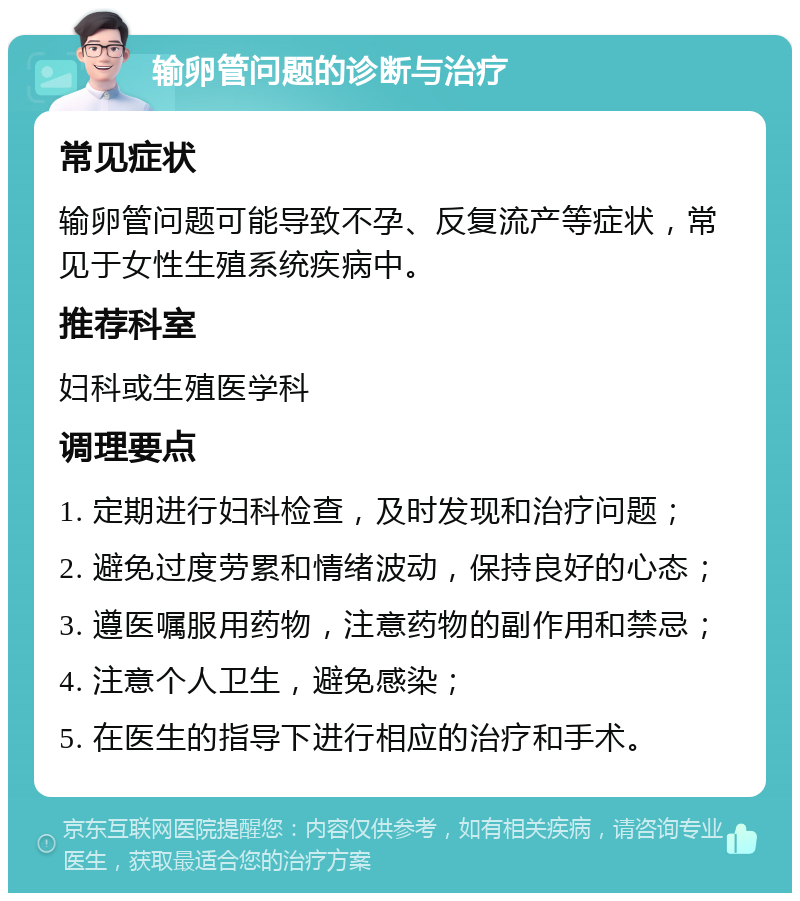 输卵管问题的诊断与治疗 常见症状 输卵管问题可能导致不孕、反复流产等症状，常见于女性生殖系统疾病中。 推荐科室 妇科或生殖医学科 调理要点 1. 定期进行妇科检查，及时发现和治疗问题； 2. 避免过度劳累和情绪波动，保持良好的心态； 3. 遵医嘱服用药物，注意药物的副作用和禁忌； 4. 注意个人卫生，避免感染； 5. 在医生的指导下进行相应的治疗和手术。