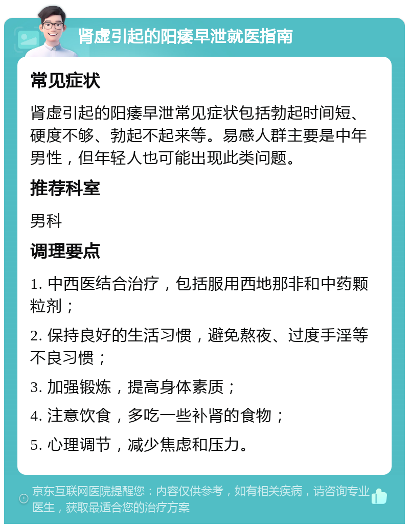 肾虚引起的阳痿早泄就医指南 常见症状 肾虚引起的阳痿早泄常见症状包括勃起时间短、硬度不够、勃起不起来等。易感人群主要是中年男性，但年轻人也可能出现此类问题。 推荐科室 男科 调理要点 1. 中西医结合治疗，包括服用西地那非和中药颗粒剂； 2. 保持良好的生活习惯，避免熬夜、过度手淫等不良习惯； 3. 加强锻炼，提高身体素质； 4. 注意饮食，多吃一些补肾的食物； 5. 心理调节，减少焦虑和压力。