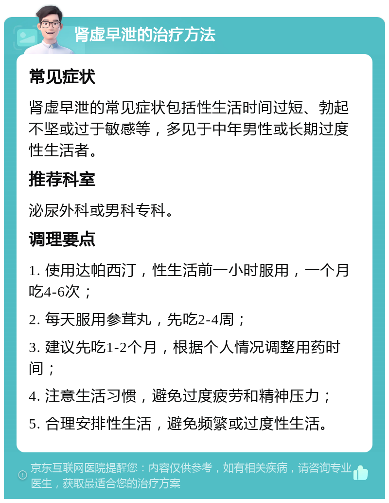 肾虚早泄的治疗方法 常见症状 肾虚早泄的常见症状包括性生活时间过短、勃起不坚或过于敏感等，多见于中年男性或长期过度性生活者。 推荐科室 泌尿外科或男科专科。 调理要点 1. 使用达帕西汀，性生活前一小时服用，一个月吃4-6次； 2. 每天服用参茸丸，先吃2-4周； 3. 建议先吃1-2个月，根据个人情况调整用药时间； 4. 注意生活习惯，避免过度疲劳和精神压力； 5. 合理安排性生活，避免频繁或过度性生活。