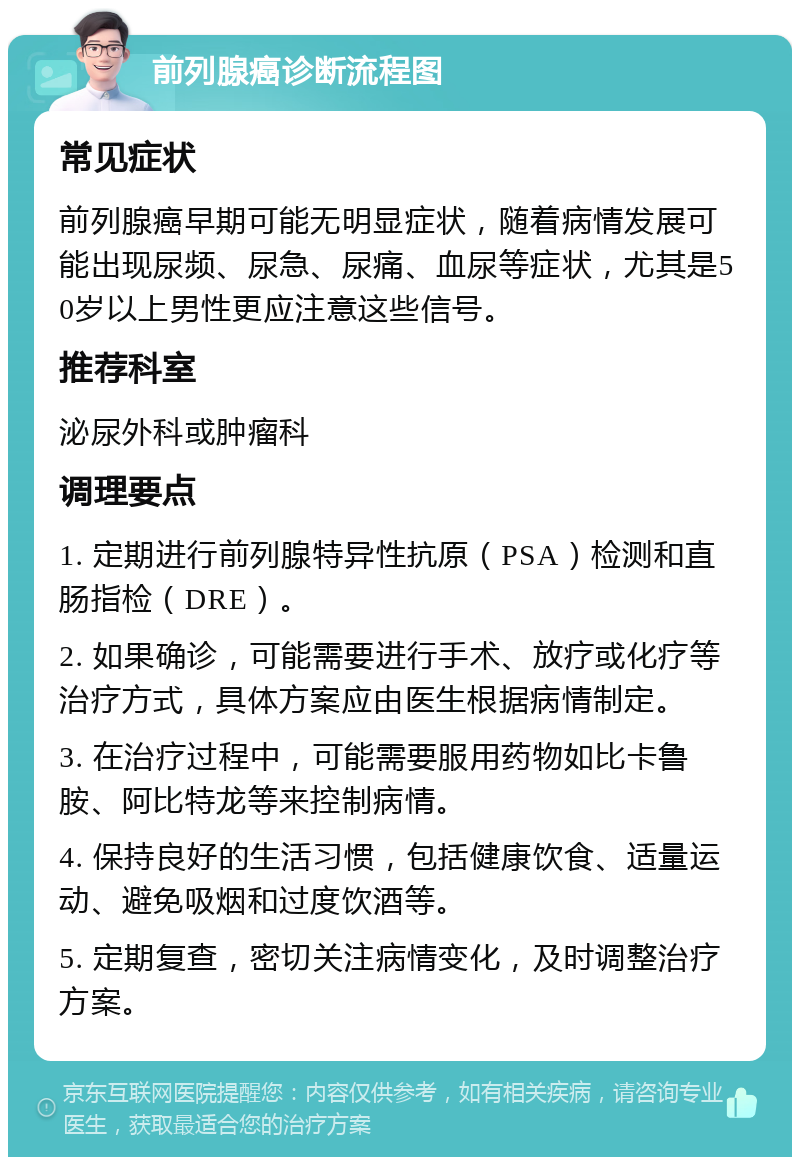 前列腺癌诊断流程图 常见症状 前列腺癌早期可能无明显症状，随着病情发展可能出现尿频、尿急、尿痛、血尿等症状，尤其是50岁以上男性更应注意这些信号。 推荐科室 泌尿外科或肿瘤科 调理要点 1. 定期进行前列腺特异性抗原（PSA）检测和直肠指检（DRE）。 2. 如果确诊，可能需要进行手术、放疗或化疗等治疗方式，具体方案应由医生根据病情制定。 3. 在治疗过程中，可能需要服用药物如比卡鲁胺、阿比特龙等来控制病情。 4. 保持良好的生活习惯，包括健康饮食、适量运动、避免吸烟和过度饮酒等。 5. 定期复查，密切关注病情变化，及时调整治疗方案。