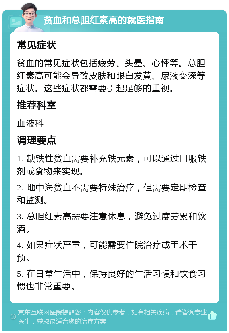 贫血和总胆红素高的就医指南 常见症状 贫血的常见症状包括疲劳、头晕、心悸等。总胆红素高可能会导致皮肤和眼白发黄、尿液变深等症状。这些症状都需要引起足够的重视。 推荐科室 血液科 调理要点 1. 缺铁性贫血需要补充铁元素，可以通过口服铁剂或食物来实现。 2. 地中海贫血不需要特殊治疗，但需要定期检查和监测。 3. 总胆红素高需要注意休息，避免过度劳累和饮酒。 4. 如果症状严重，可能需要住院治疗或手术干预。 5. 在日常生活中，保持良好的生活习惯和饮食习惯也非常重要。