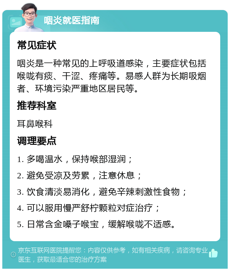 咽炎就医指南 常见症状 咽炎是一种常见的上呼吸道感染，主要症状包括喉咙有痰、干涩、疼痛等。易感人群为长期吸烟者、环境污染严重地区居民等。 推荐科室 耳鼻喉科 调理要点 1. 多喝温水，保持喉部湿润； 2. 避免受凉及劳累，注意休息； 3. 饮食清淡易消化，避免辛辣刺激性食物； 4. 可以服用慢严舒柠颗粒对症治疗； 5. 日常含金嗓子喉宝，缓解喉咙不适感。