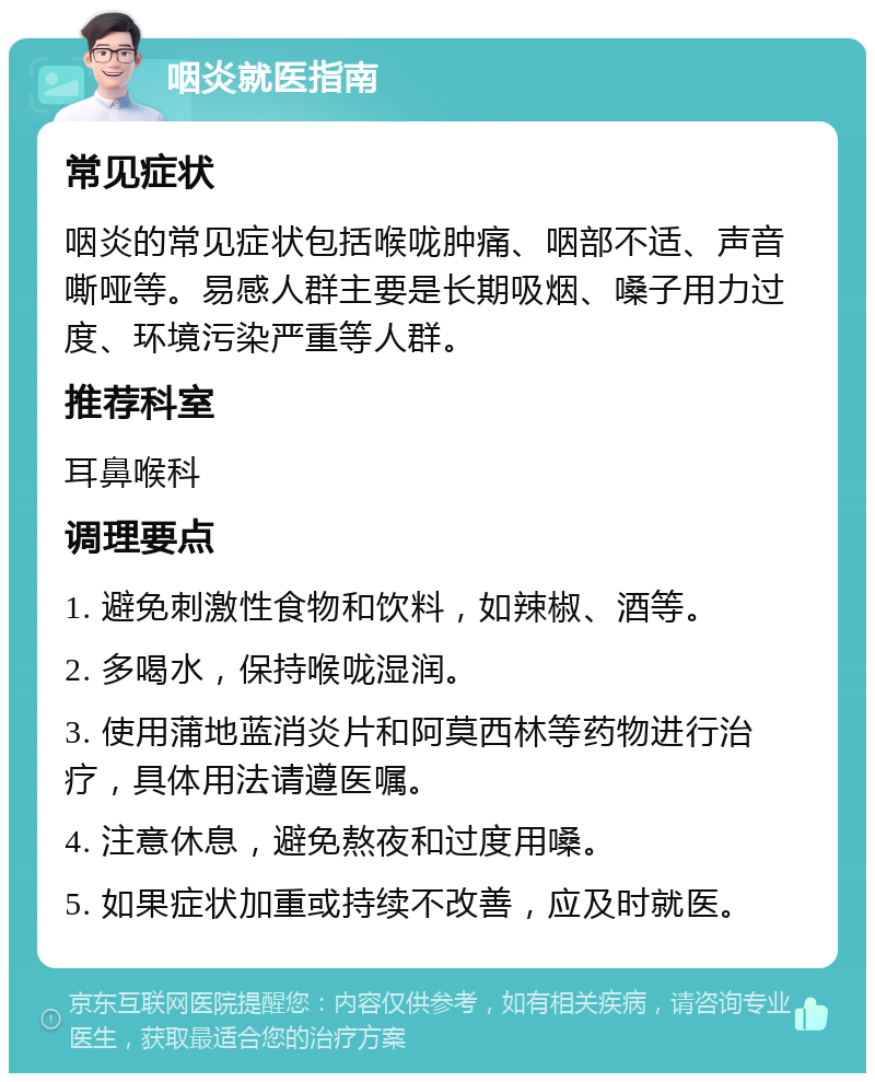 咽炎就医指南 常见症状 咽炎的常见症状包括喉咙肿痛、咽部不适、声音嘶哑等。易感人群主要是长期吸烟、嗓子用力过度、环境污染严重等人群。 推荐科室 耳鼻喉科 调理要点 1. 避免刺激性食物和饮料，如辣椒、酒等。 2. 多喝水，保持喉咙湿润。 3. 使用蒲地蓝消炎片和阿莫西林等药物进行治疗，具体用法请遵医嘱。 4. 注意休息，避免熬夜和过度用嗓。 5. 如果症状加重或持续不改善，应及时就医。