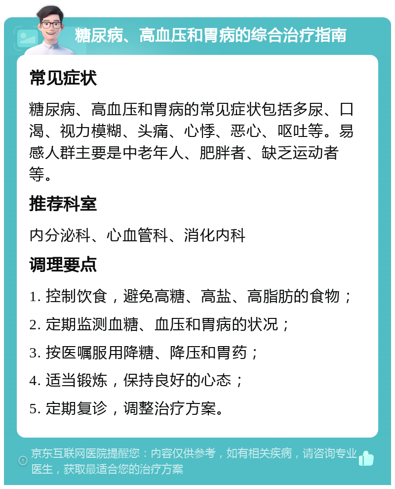 糖尿病、高血压和胃病的综合治疗指南 常见症状 糖尿病、高血压和胃病的常见症状包括多尿、口渴、视力模糊、头痛、心悸、恶心、呕吐等。易感人群主要是中老年人、肥胖者、缺乏运动者等。 推荐科室 内分泌科、心血管科、消化内科 调理要点 1. 控制饮食，避免高糖、高盐、高脂肪的食物； 2. 定期监测血糖、血压和胃病的状况； 3. 按医嘱服用降糖、降压和胃药； 4. 适当锻炼，保持良好的心态； 5. 定期复诊，调整治疗方案。