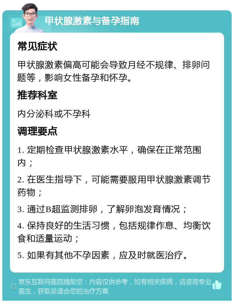 甲状腺激素与备孕指南 常见症状 甲状腺激素偏高可能会导致月经不规律、排卵问题等，影响女性备孕和怀孕。 推荐科室 内分泌科或不孕科 调理要点 1. 定期检查甲状腺激素水平，确保在正常范围内； 2. 在医生指导下，可能需要服用甲状腺激素调节药物； 3. 通过B超监测排卵，了解卵泡发育情况； 4. 保持良好的生活习惯，包括规律作息、均衡饮食和适量运动； 5. 如果有其他不孕因素，应及时就医治疗。