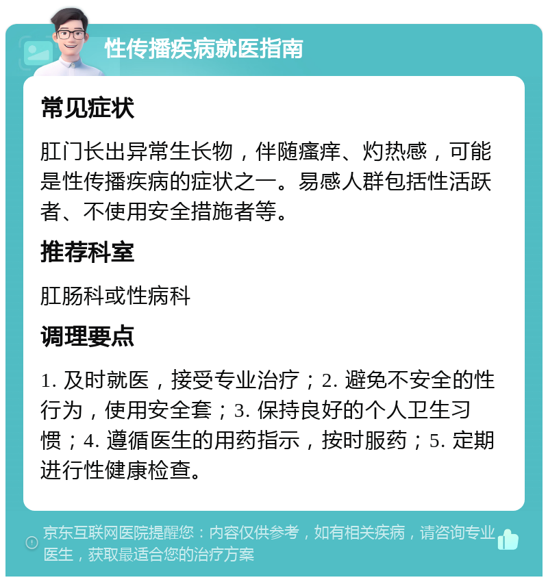 性传播疾病就医指南 常见症状 肛门长出异常生长物，伴随瘙痒、灼热感，可能是性传播疾病的症状之一。易感人群包括性活跃者、不使用安全措施者等。 推荐科室 肛肠科或性病科 调理要点 1. 及时就医，接受专业治疗；2. 避免不安全的性行为，使用安全套；3. 保持良好的个人卫生习惯；4. 遵循医生的用药指示，按时服药；5. 定期进行性健康检查。