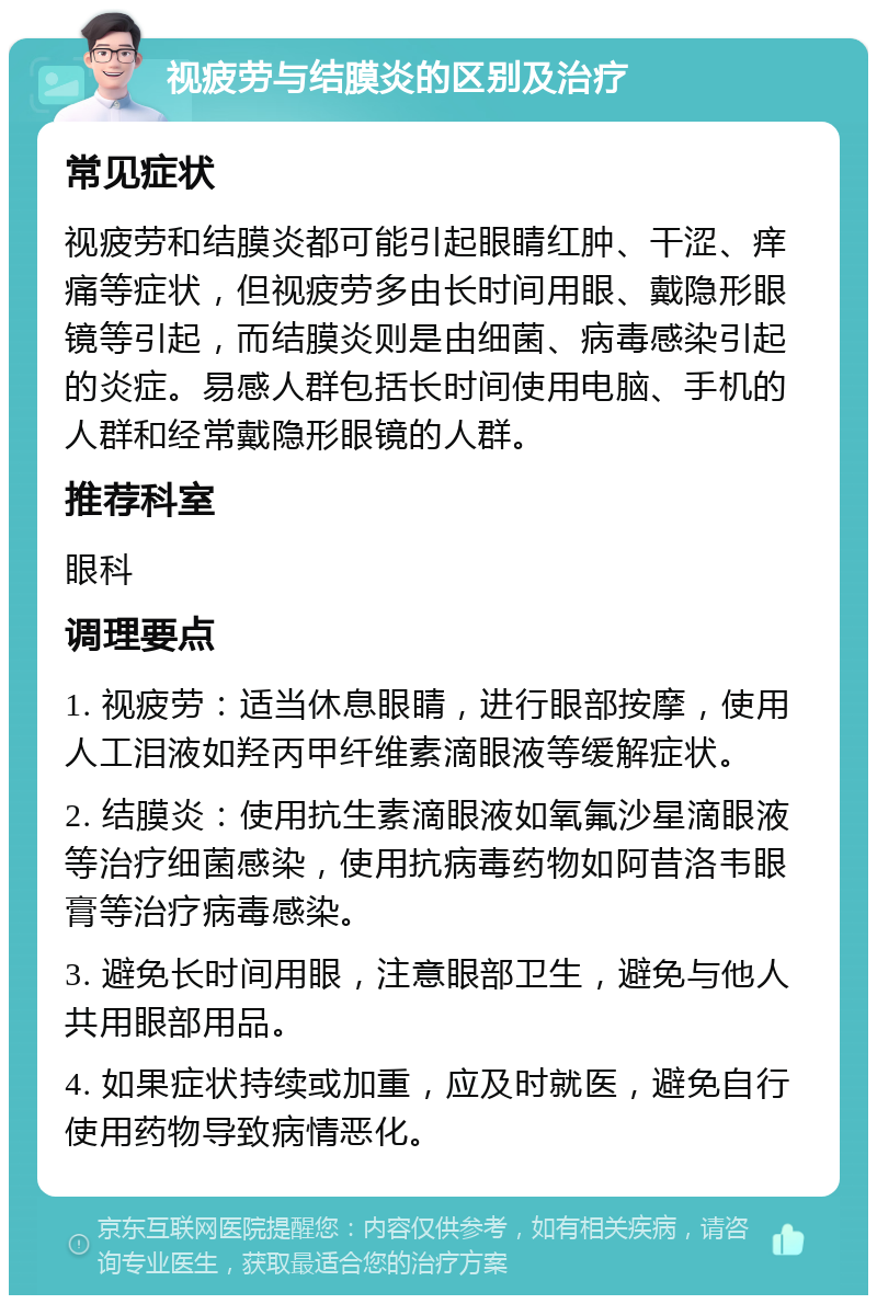 视疲劳与结膜炎的区别及治疗 常见症状 视疲劳和结膜炎都可能引起眼睛红肿、干涩、痒痛等症状，但视疲劳多由长时间用眼、戴隐形眼镜等引起，而结膜炎则是由细菌、病毒感染引起的炎症。易感人群包括长时间使用电脑、手机的人群和经常戴隐形眼镜的人群。 推荐科室 眼科 调理要点 1. 视疲劳：适当休息眼睛，进行眼部按摩，使用人工泪液如羟丙甲纤维素滴眼液等缓解症状。 2. 结膜炎：使用抗生素滴眼液如氧氟沙星滴眼液等治疗细菌感染，使用抗病毒药物如阿昔洛韦眼膏等治疗病毒感染。 3. 避免长时间用眼，注意眼部卫生，避免与他人共用眼部用品。 4. 如果症状持续或加重，应及时就医，避免自行使用药物导致病情恶化。