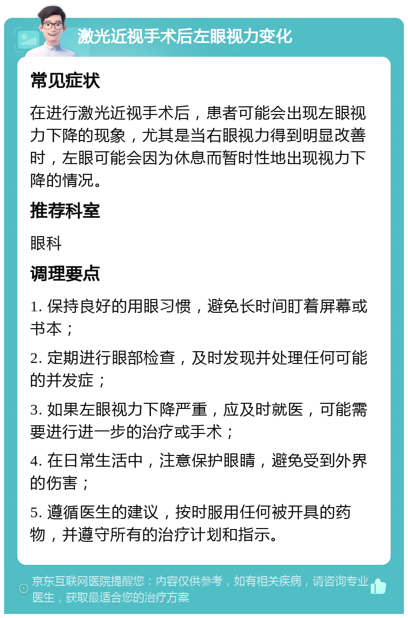 激光近视手术后左眼视力变化 常见症状 在进行激光近视手术后，患者可能会出现左眼视力下降的现象，尤其是当右眼视力得到明显改善时，左眼可能会因为休息而暂时性地出现视力下降的情况。 推荐科室 眼科 调理要点 1. 保持良好的用眼习惯，避免长时间盯着屏幕或书本； 2. 定期进行眼部检查，及时发现并处理任何可能的并发症； 3. 如果左眼视力下降严重，应及时就医，可能需要进行进一步的治疗或手术； 4. 在日常生活中，注意保护眼睛，避免受到外界的伤害； 5. 遵循医生的建议，按时服用任何被开具的药物，并遵守所有的治疗计划和指示。