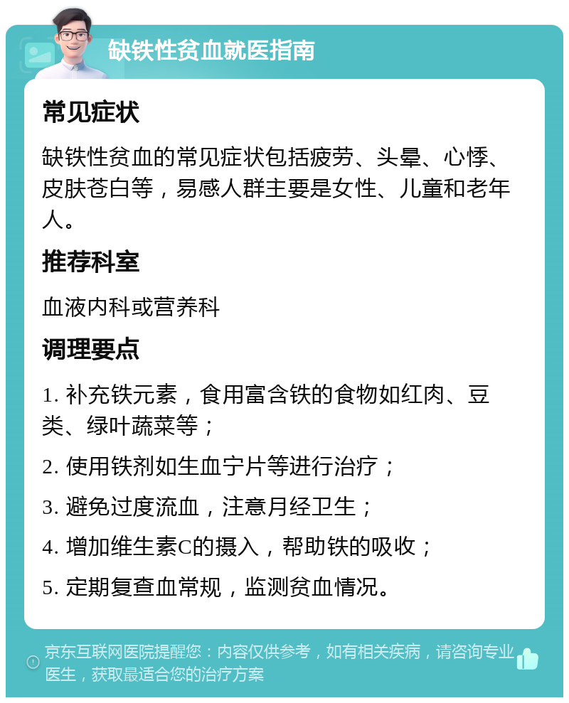 缺铁性贫血就医指南 常见症状 缺铁性贫血的常见症状包括疲劳、头晕、心悸、皮肤苍白等，易感人群主要是女性、儿童和老年人。 推荐科室 血液内科或营养科 调理要点 1. 补充铁元素，食用富含铁的食物如红肉、豆类、绿叶蔬菜等； 2. 使用铁剂如生血宁片等进行治疗； 3. 避免过度流血，注意月经卫生； 4. 增加维生素C的摄入，帮助铁的吸收； 5. 定期复查血常规，监测贫血情况。