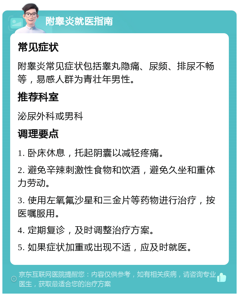 附睾炎就医指南 常见症状 附睾炎常见症状包括睾丸隐痛、尿频、排尿不畅等，易感人群为青壮年男性。 推荐科室 泌尿外科或男科 调理要点 1. 卧床休息，托起阴囊以减轻疼痛。 2. 避免辛辣刺激性食物和饮酒，避免久坐和重体力劳动。 3. 使用左氧氟沙星和三金片等药物进行治疗，按医嘱服用。 4. 定期复诊，及时调整治疗方案。 5. 如果症状加重或出现不适，应及时就医。