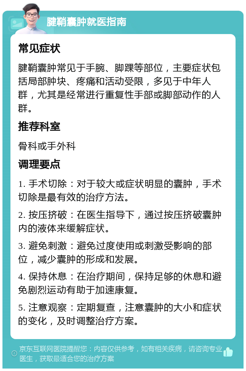 腱鞘囊肿就医指南 常见症状 腱鞘囊肿常见于手腕、脚踝等部位，主要症状包括局部肿块、疼痛和活动受限，多见于中年人群，尤其是经常进行重复性手部或脚部动作的人群。 推荐科室 骨科或手外科 调理要点 1. 手术切除：对于较大或症状明显的囊肿，手术切除是最有效的治疗方法。 2. 按压挤破：在医生指导下，通过按压挤破囊肿内的液体来缓解症状。 3. 避免刺激：避免过度使用或刺激受影响的部位，减少囊肿的形成和发展。 4. 保持休息：在治疗期间，保持足够的休息和避免剧烈运动有助于加速康复。 5. 注意观察：定期复查，注意囊肿的大小和症状的变化，及时调整治疗方案。