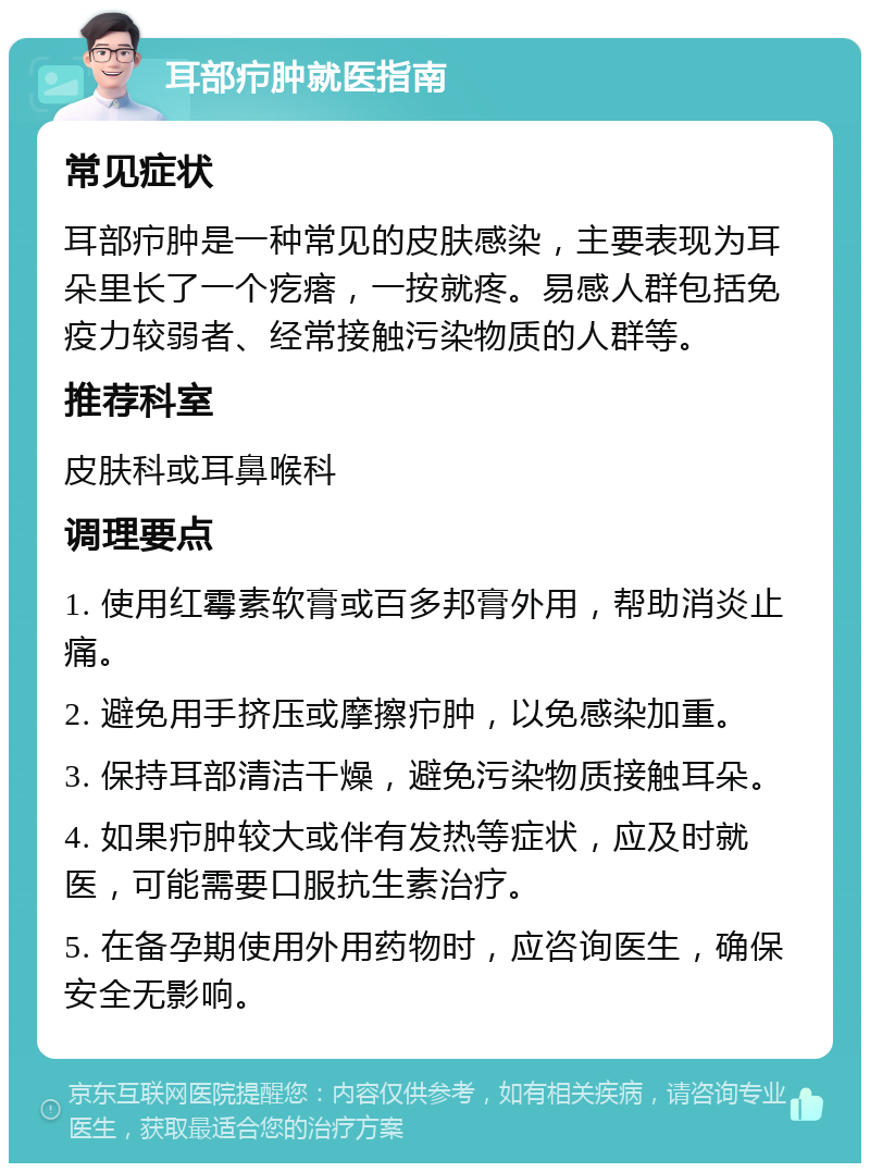 耳部疖肿就医指南 常见症状 耳部疖肿是一种常见的皮肤感染，主要表现为耳朵里长了一个疙瘩，一按就疼。易感人群包括免疫力较弱者、经常接触污染物质的人群等。 推荐科室 皮肤科或耳鼻喉科 调理要点 1. 使用红霉素软膏或百多邦膏外用，帮助消炎止痛。 2. 避免用手挤压或摩擦疖肿，以免感染加重。 3. 保持耳部清洁干燥，避免污染物质接触耳朵。 4. 如果疖肿较大或伴有发热等症状，应及时就医，可能需要口服抗生素治疗。 5. 在备孕期使用外用药物时，应咨询医生，确保安全无影响。