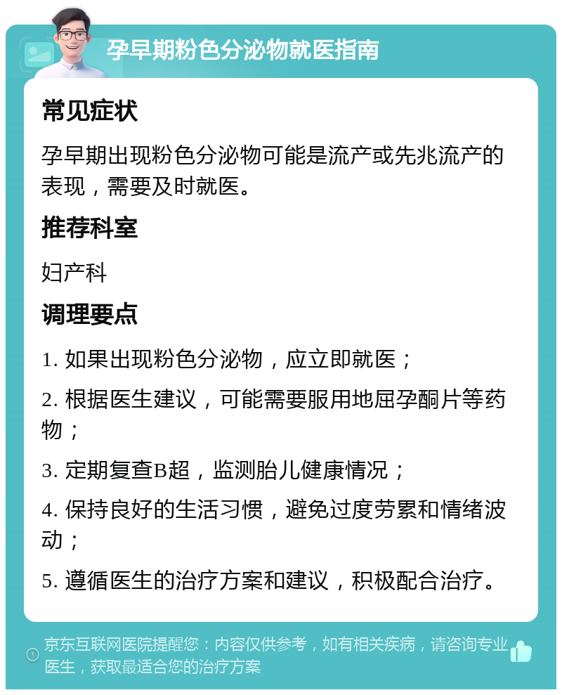 孕早期粉色分泌物就医指南 常见症状 孕早期出现粉色分泌物可能是流产或先兆流产的表现，需要及时就医。 推荐科室 妇产科 调理要点 1. 如果出现粉色分泌物，应立即就医； 2. 根据医生建议，可能需要服用地屈孕酮片等药物； 3. 定期复查B超，监测胎儿健康情况； 4. 保持良好的生活习惯，避免过度劳累和情绪波动； 5. 遵循医生的治疗方案和建议，积极配合治疗。