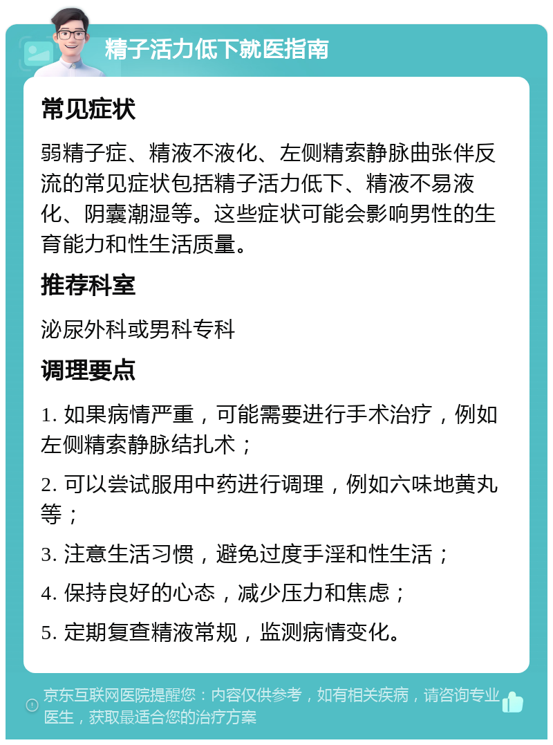 精子活力低下就医指南 常见症状 弱精子症、精液不液化、左侧精索静脉曲张伴反流的常见症状包括精子活力低下、精液不易液化、阴囊潮湿等。这些症状可能会影响男性的生育能力和性生活质量。 推荐科室 泌尿外科或男科专科 调理要点 1. 如果病情严重，可能需要进行手术治疗，例如左侧精索静脉结扎术； 2. 可以尝试服用中药进行调理，例如六味地黄丸等； 3. 注意生活习惯，避免过度手淫和性生活； 4. 保持良好的心态，减少压力和焦虑； 5. 定期复查精液常规，监测病情变化。