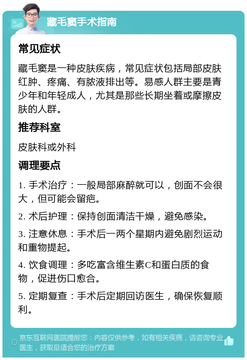 藏毛窦手术指南 常见症状 藏毛窦是一种皮肤疾病，常见症状包括局部皮肤红肿、疼痛、有脓液排出等。易感人群主要是青少年和年轻成人，尤其是那些长期坐着或摩擦皮肤的人群。 推荐科室 皮肤科或外科 调理要点 1. 手术治疗：一般局部麻醉就可以，创面不会很大，但可能会留疤。 2. 术后护理：保持创面清洁干燥，避免感染。 3. 注意休息：手术后一两个星期内避免剧烈运动和重物提起。 4. 饮食调理：多吃富含维生素C和蛋白质的食物，促进伤口愈合。 5. 定期复查：手术后定期回访医生，确保恢复顺利。