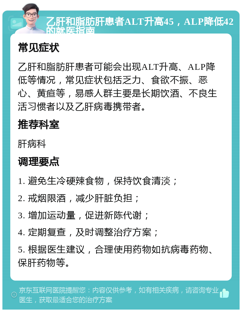 乙肝和脂肪肝患者ALT升高45，ALP降低42的就医指南 常见症状 乙肝和脂肪肝患者可能会出现ALT升高、ALP降低等情况，常见症状包括乏力、食欲不振、恶心、黄疸等，易感人群主要是长期饮酒、不良生活习惯者以及乙肝病毒携带者。 推荐科室 肝病科 调理要点 1. 避免生冷硬辣食物，保持饮食清淡； 2. 戒烟限酒，减少肝脏负担； 3. 增加运动量，促进新陈代谢； 4. 定期复查，及时调整治疗方案； 5. 根据医生建议，合理使用药物如抗病毒药物、保肝药物等。