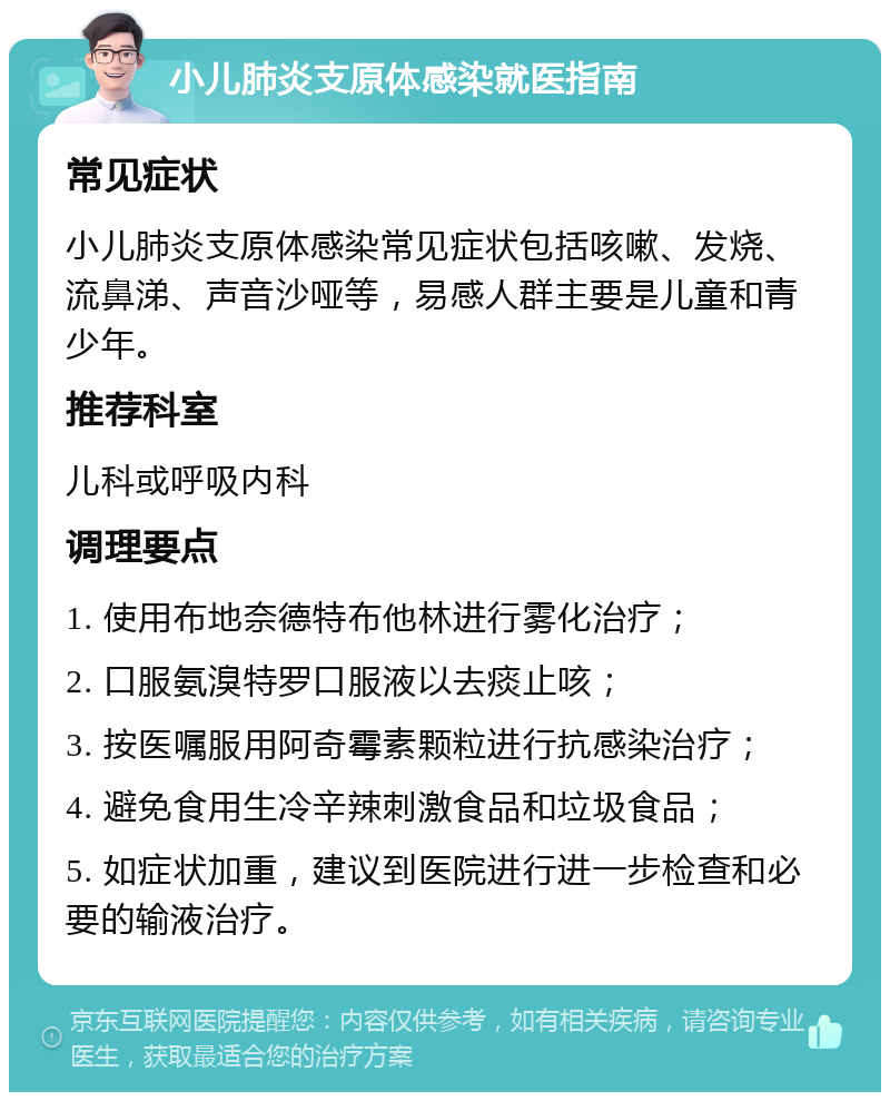 小儿肺炎支原体感染就医指南 常见症状 小儿肺炎支原体感染常见症状包括咳嗽、发烧、流鼻涕、声音沙哑等，易感人群主要是儿童和青少年。 推荐科室 儿科或呼吸内科 调理要点 1. 使用布地奈德特布他林进行雾化治疗； 2. 口服氨溴特罗口服液以去痰止咳； 3. 按医嘱服用阿奇霉素颗粒进行抗感染治疗； 4. 避免食用生冷辛辣刺激食品和垃圾食品； 5. 如症状加重，建议到医院进行进一步检查和必要的输液治疗。