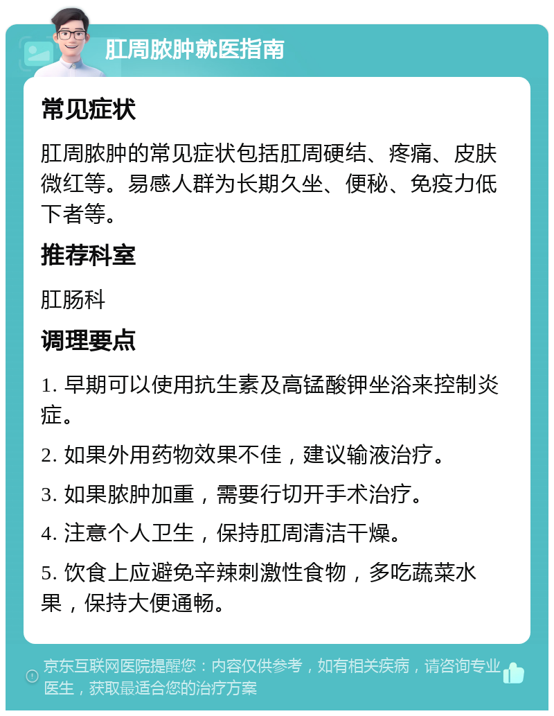 肛周脓肿就医指南 常见症状 肛周脓肿的常见症状包括肛周硬结、疼痛、皮肤微红等。易感人群为长期久坐、便秘、免疫力低下者等。 推荐科室 肛肠科 调理要点 1. 早期可以使用抗生素及高锰酸钾坐浴来控制炎症。 2. 如果外用药物效果不佳，建议输液治疗。 3. 如果脓肿加重，需要行切开手术治疗。 4. 注意个人卫生，保持肛周清洁干燥。 5. 饮食上应避免辛辣刺激性食物，多吃蔬菜水果，保持大便通畅。