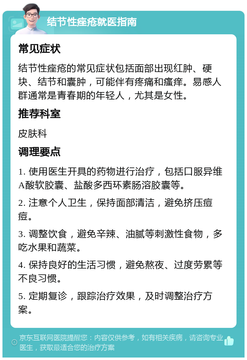 结节性痤疮就医指南 常见症状 结节性痤疮的常见症状包括面部出现红肿、硬块、结节和囊肿，可能伴有疼痛和瘙痒。易感人群通常是青春期的年轻人，尤其是女性。 推荐科室 皮肤科 调理要点 1. 使用医生开具的药物进行治疗，包括口服异维A酸软胶囊、盐酸多西环素肠溶胶囊等。 2. 注意个人卫生，保持面部清洁，避免挤压痘痘。 3. 调整饮食，避免辛辣、油腻等刺激性食物，多吃水果和蔬菜。 4. 保持良好的生活习惯，避免熬夜、过度劳累等不良习惯。 5. 定期复诊，跟踪治疗效果，及时调整治疗方案。