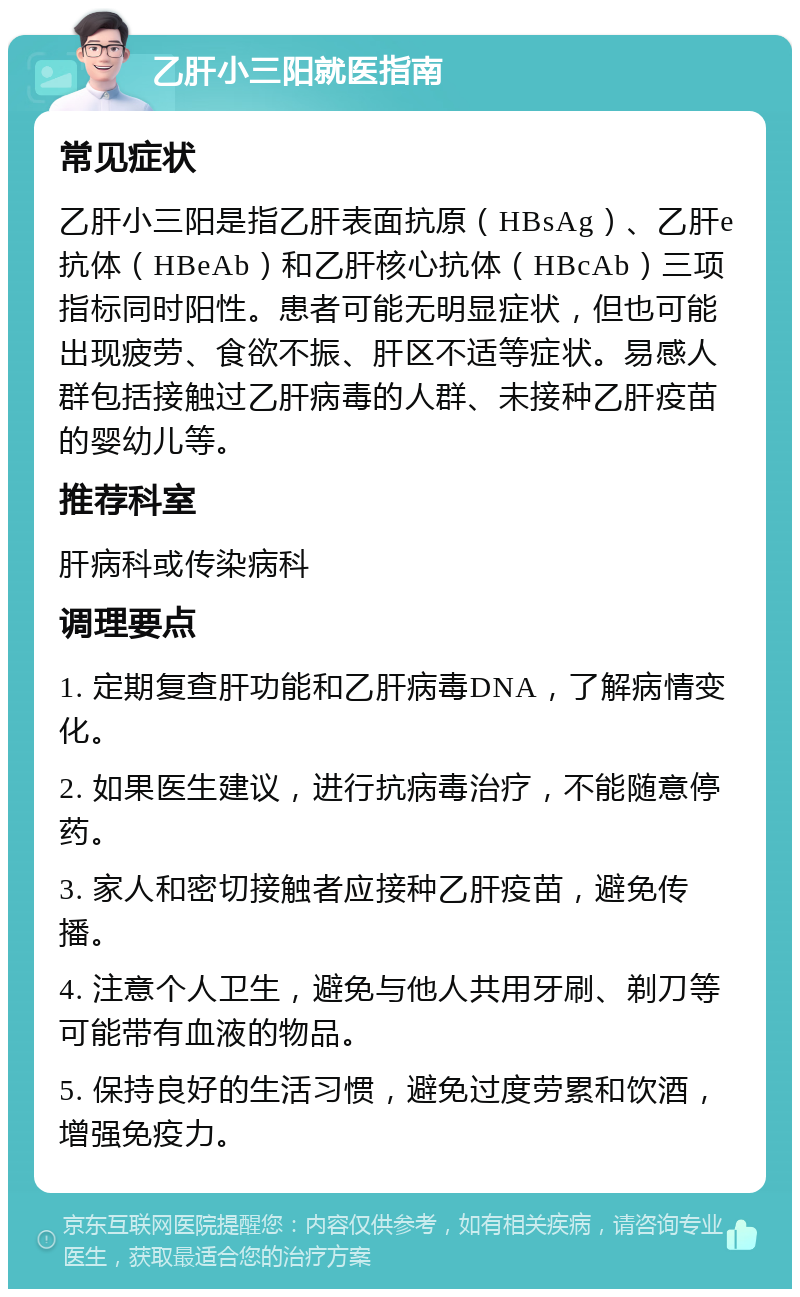 乙肝小三阳就医指南 常见症状 乙肝小三阳是指乙肝表面抗原（HBsAg）、乙肝e抗体（HBeAb）和乙肝核心抗体（HBcAb）三项指标同时阳性。患者可能无明显症状，但也可能出现疲劳、食欲不振、肝区不适等症状。易感人群包括接触过乙肝病毒的人群、未接种乙肝疫苗的婴幼儿等。 推荐科室 肝病科或传染病科 调理要点 1. 定期复查肝功能和乙肝病毒DNA，了解病情变化。 2. 如果医生建议，进行抗病毒治疗，不能随意停药。 3. 家人和密切接触者应接种乙肝疫苗，避免传播。 4. 注意个人卫生，避免与他人共用牙刷、剃刀等可能带有血液的物品。 5. 保持良好的生活习惯，避免过度劳累和饮酒，增强免疫力。