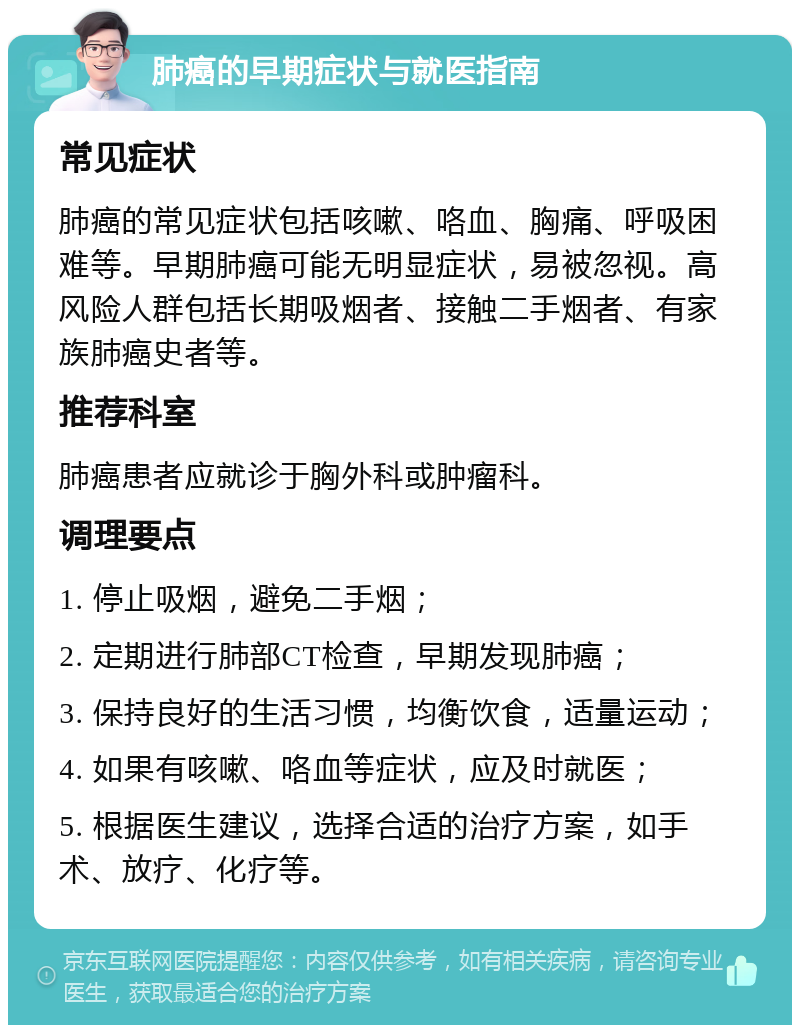 肺癌的早期症状与就医指南 常见症状 肺癌的常见症状包括咳嗽、咯血、胸痛、呼吸困难等。早期肺癌可能无明显症状，易被忽视。高风险人群包括长期吸烟者、接触二手烟者、有家族肺癌史者等。 推荐科室 肺癌患者应就诊于胸外科或肿瘤科。 调理要点 1. 停止吸烟，避免二手烟； 2. 定期进行肺部CT检查，早期发现肺癌； 3. 保持良好的生活习惯，均衡饮食，适量运动； 4. 如果有咳嗽、咯血等症状，应及时就医； 5. 根据医生建议，选择合适的治疗方案，如手术、放疗、化疗等。