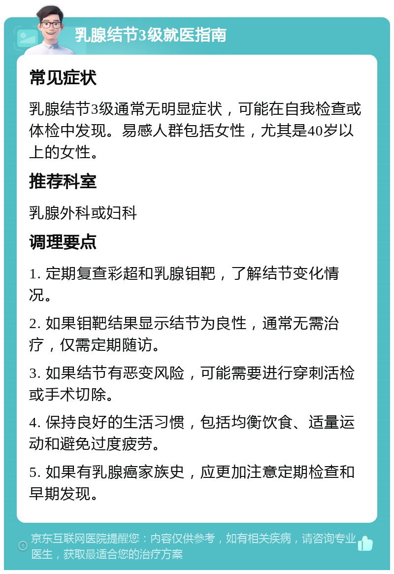 乳腺结节3级就医指南 常见症状 乳腺结节3级通常无明显症状，可能在自我检查或体检中发现。易感人群包括女性，尤其是40岁以上的女性。 推荐科室 乳腺外科或妇科 调理要点 1. 定期复查彩超和乳腺钼靶，了解结节变化情况。 2. 如果钼靶结果显示结节为良性，通常无需治疗，仅需定期随访。 3. 如果结节有恶变风险，可能需要进行穿刺活检或手术切除。 4. 保持良好的生活习惯，包括均衡饮食、适量运动和避免过度疲劳。 5. 如果有乳腺癌家族史，应更加注意定期检查和早期发现。