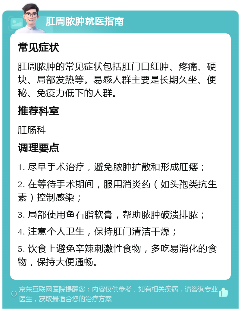 肛周脓肿就医指南 常见症状 肛周脓肿的常见症状包括肛门口红肿、疼痛、硬块、局部发热等。易感人群主要是长期久坐、便秘、免疫力低下的人群。 推荐科室 肛肠科 调理要点 1. 尽早手术治疗，避免脓肿扩散和形成肛瘘； 2. 在等待手术期间，服用消炎药（如头孢类抗生素）控制感染； 3. 局部使用鱼石脂软膏，帮助脓肿破溃排脓； 4. 注意个人卫生，保持肛门清洁干燥； 5. 饮食上避免辛辣刺激性食物，多吃易消化的食物，保持大便通畅。