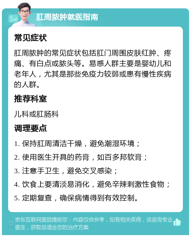 肛周脓肿就医指南 常见症状 肛周脓肿的常见症状包括肛门周围皮肤红肿、疼痛、有白点或脓头等。易感人群主要是婴幼儿和老年人，尤其是那些免疫力较弱或患有慢性疾病的人群。 推荐科室 儿科或肛肠科 调理要点 1. 保持肛周清洁干燥，避免潮湿环境； 2. 使用医生开具的药膏，如百多邦软膏； 3. 注意手卫生，避免交叉感染； 4. 饮食上要清淡易消化，避免辛辣刺激性食物； 5. 定期复查，确保病情得到有效控制。