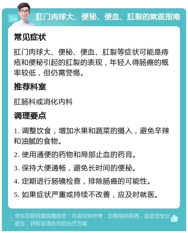 肛门肉球大、便秘、便血、肛裂的就医指南 常见症状 肛门肉球大、便秘、便血、肛裂等症状可能是痔疮和便秘引起的肛裂的表现，年轻人得肠癌的概率较低，但仍需警惕。 推荐科室 肛肠科或消化内科 调理要点 1. 调整饮食，增加水果和蔬菜的摄入，避免辛辣和油腻的食物。 2. 使用通便的药物和局部止血的药膏。 3. 保持大便通畅，避免长时间的便秘。 4. 定期进行肠镜检查，排除肠癌的可能性。 5. 如果症状严重或持续不改善，应及时就医。