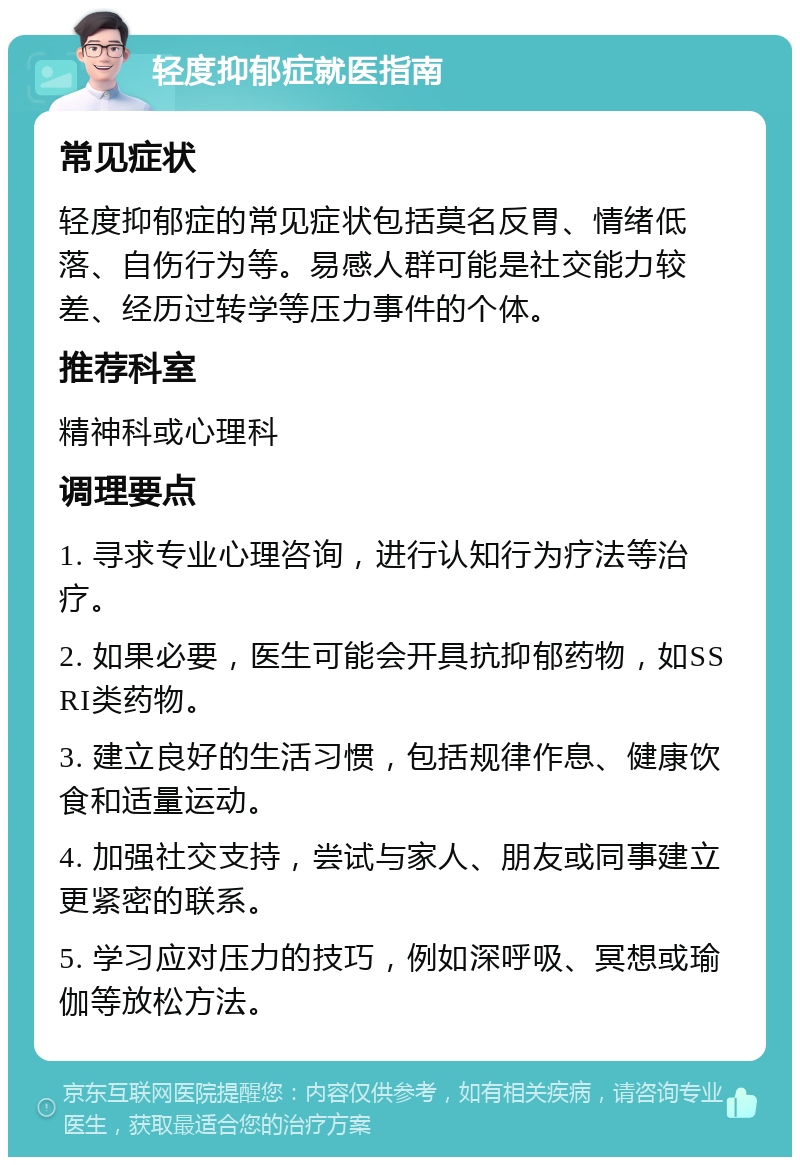 轻度抑郁症就医指南 常见症状 轻度抑郁症的常见症状包括莫名反胃、情绪低落、自伤行为等。易感人群可能是社交能力较差、经历过转学等压力事件的个体。 推荐科室 精神科或心理科 调理要点 1. 寻求专业心理咨询，进行认知行为疗法等治疗。 2. 如果必要，医生可能会开具抗抑郁药物，如SSRI类药物。 3. 建立良好的生活习惯，包括规律作息、健康饮食和适量运动。 4. 加强社交支持，尝试与家人、朋友或同事建立更紧密的联系。 5. 学习应对压力的技巧，例如深呼吸、冥想或瑜伽等放松方法。