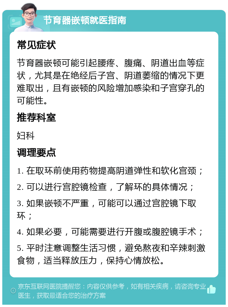 节育器嵌顿就医指南 常见症状 节育器嵌顿可能引起腰疼、腹痛、阴道出血等症状，尤其是在绝经后子宫、阴道萎缩的情况下更难取出，且有嵌顿的风险增加感染和子宫穿孔的可能性。 推荐科室 妇科 调理要点 1. 在取环前使用药物提高阴道弹性和软化宫颈； 2. 可以进行宫腔镜检查，了解环的具体情况； 3. 如果嵌顿不严重，可能可以通过宫腔镜下取环； 4. 如果必要，可能需要进行开腹或腹腔镜手术； 5. 平时注意调整生活习惯，避免熬夜和辛辣刺激食物，适当释放压力，保持心情放松。