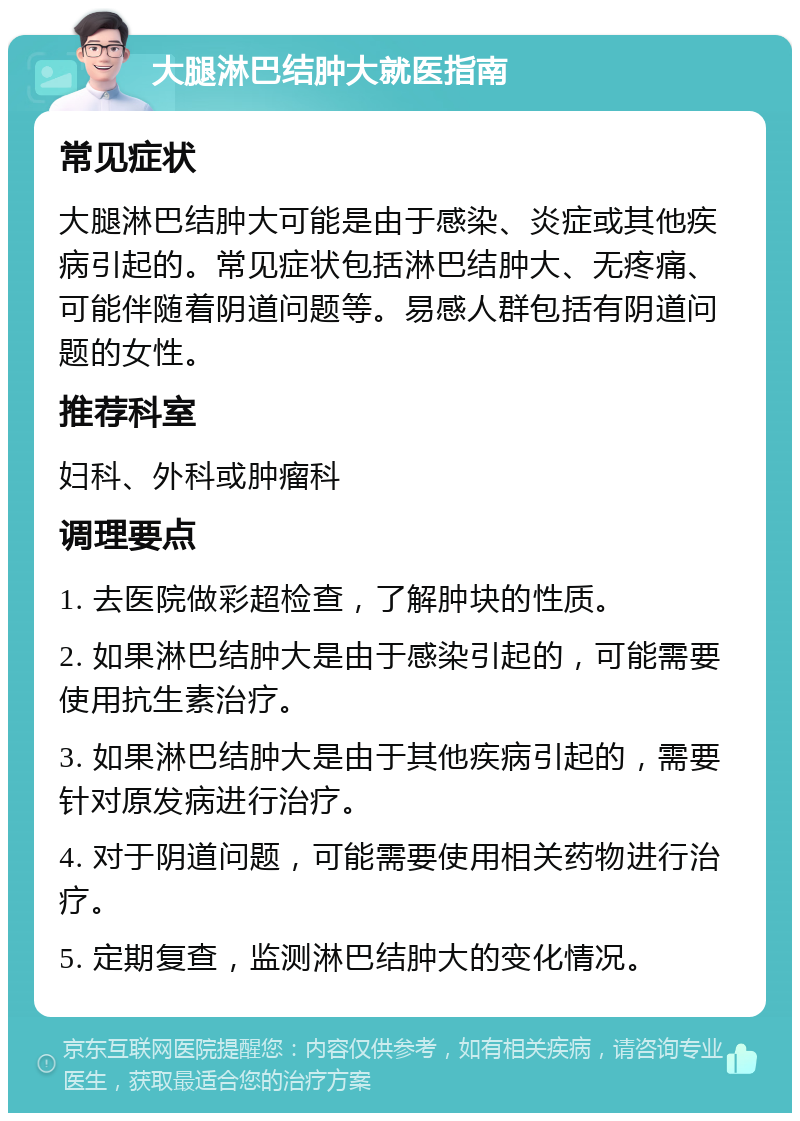 大腿淋巴结肿大就医指南 常见症状 大腿淋巴结肿大可能是由于感染、炎症或其他疾病引起的。常见症状包括淋巴结肿大、无疼痛、可能伴随着阴道问题等。易感人群包括有阴道问题的女性。 推荐科室 妇科、外科或肿瘤科 调理要点 1. 去医院做彩超检查，了解肿块的性质。 2. 如果淋巴结肿大是由于感染引起的，可能需要使用抗生素治疗。 3. 如果淋巴结肿大是由于其他疾病引起的，需要针对原发病进行治疗。 4. 对于阴道问题，可能需要使用相关药物进行治疗。 5. 定期复查，监测淋巴结肿大的变化情况。